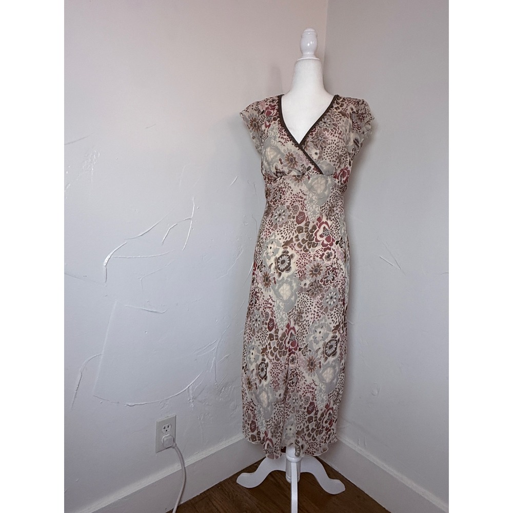 Believe Y2K Floral Chiffon Midi Dress Crochet Trim Flutter Sleeve 10